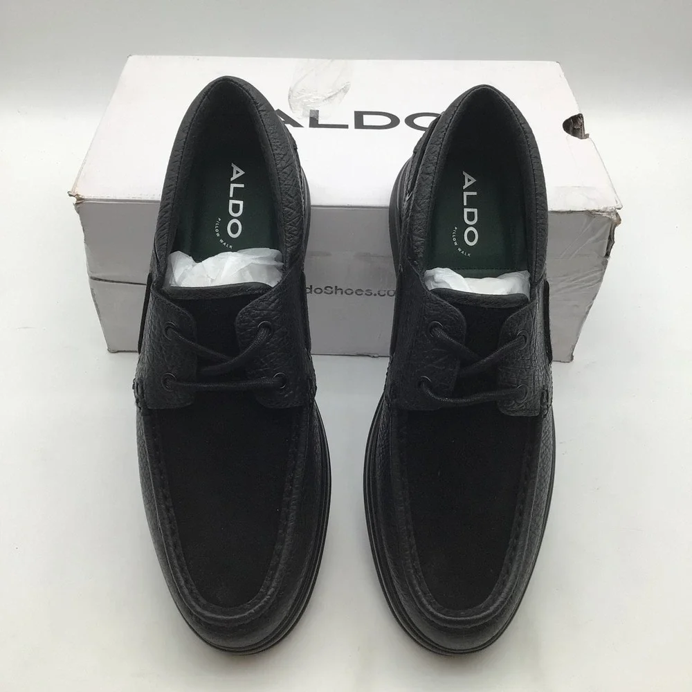 Aldo Seaexplorer Mens‎ Black Pebbled Leather Suede Boat Shoes Size 9.5 D NEW